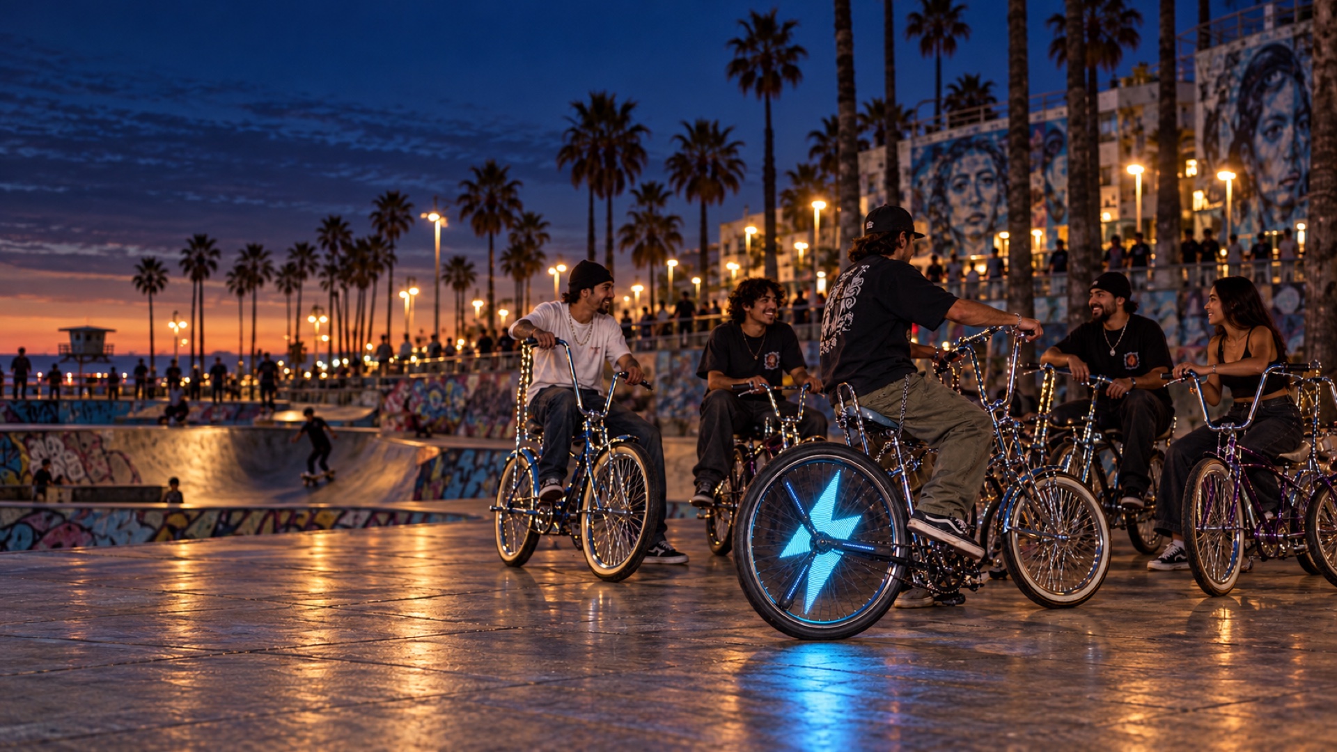 A wide evening view of friends and custom chrome lowrider bicycles beside the Venice skate park, with cyan wheel lights visible at a natural distance.